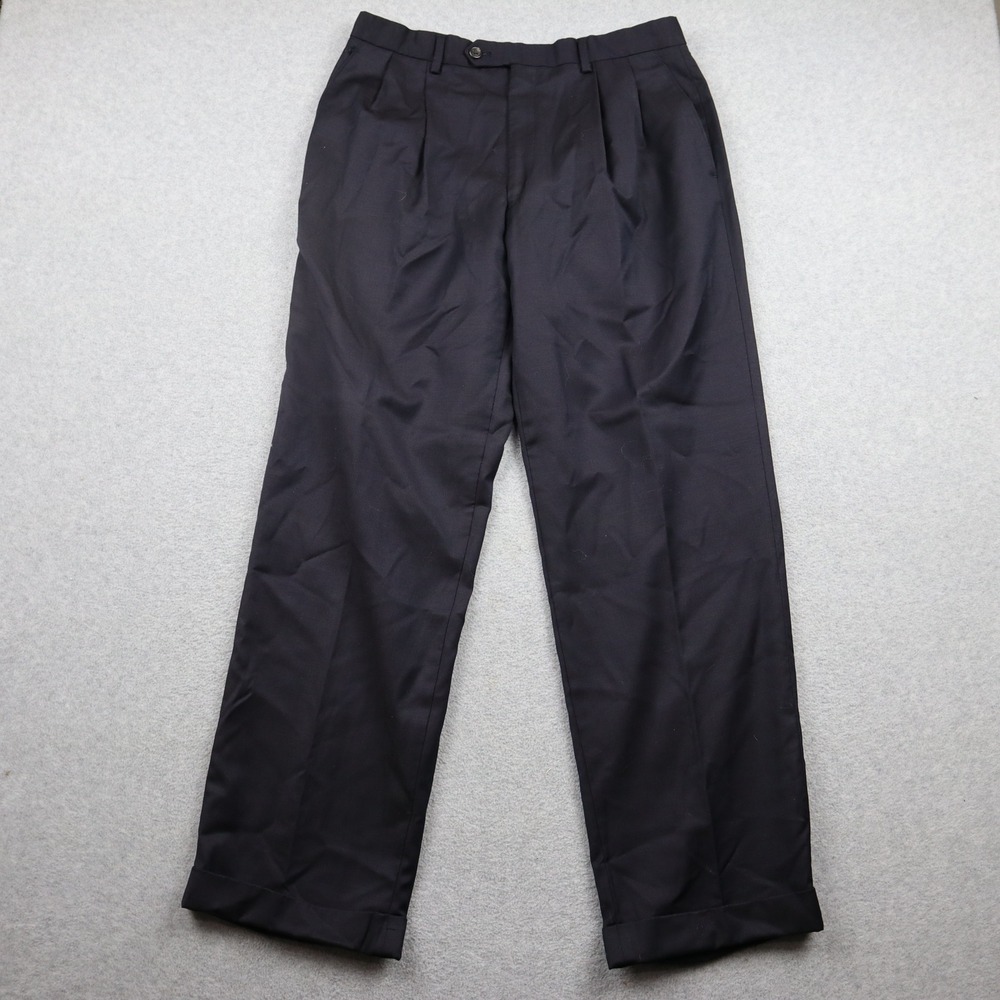 Ralph Lauren Dress Pants Mens 32x30 Navy Blue 100% Wool Pleated Cuffed Trousers